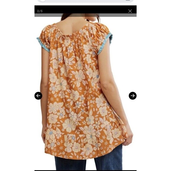 Free People Frankie Floral Peasant Tie Neckline Tunic Top XS New Boho Cotton - Picture 12 of 15